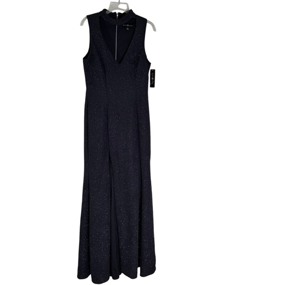 NWT Betsy & Adam V Neck Choker Glitter Long Dress Gown Black Size 12 - Picture 3 of 14